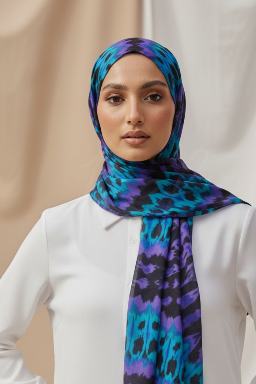 Printed Silk Hijab - Midnight Cascade
